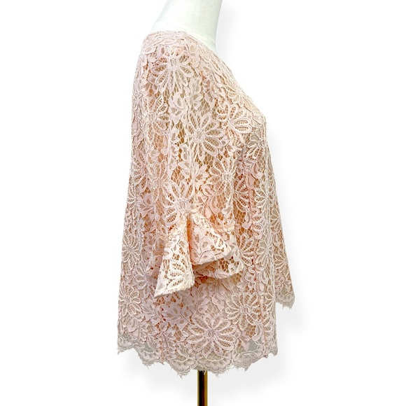 Nanette Lepore Floral Lace Crew Neck Bell Sleeve Top Shirt Large Light Pink - Picture 10 of 14